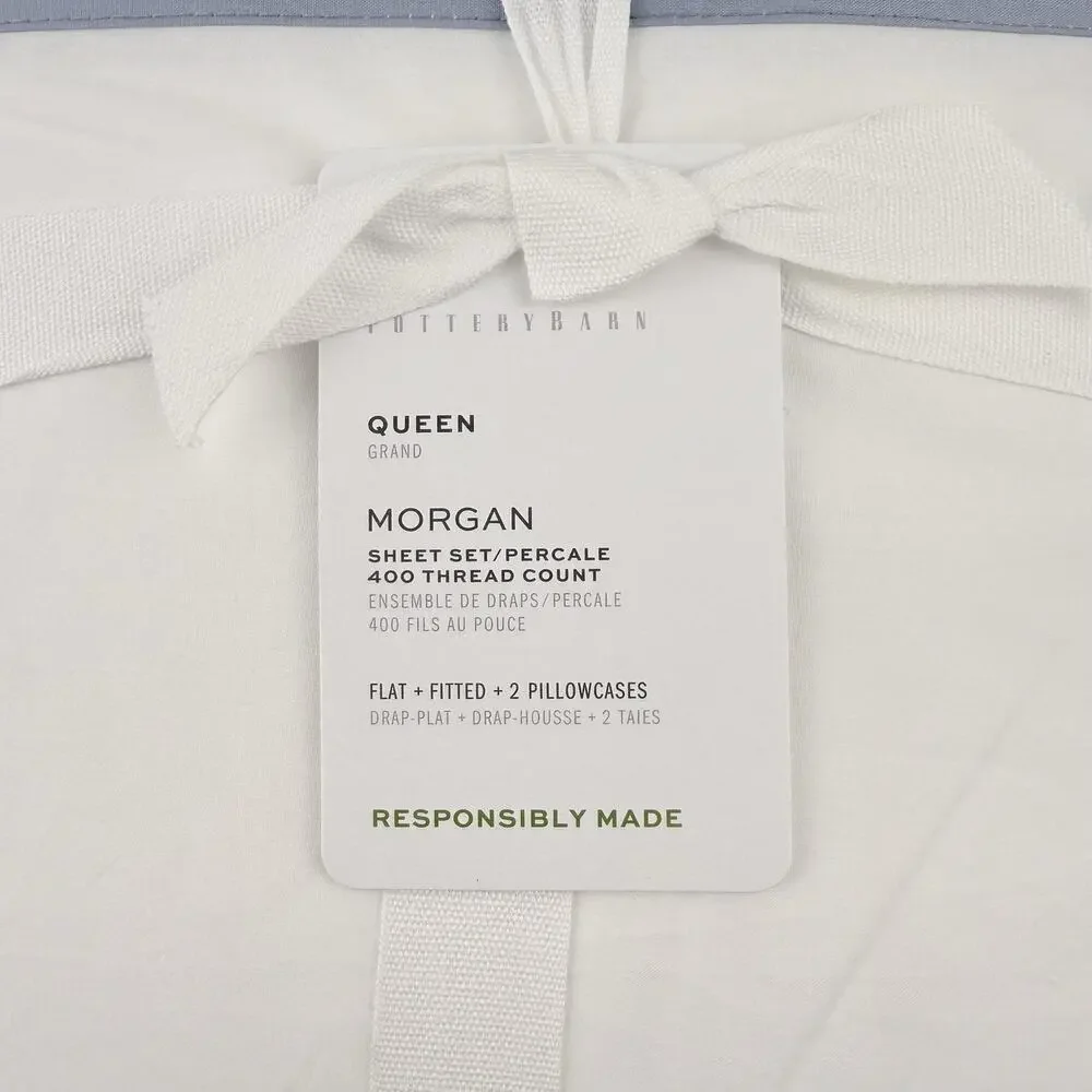 Pottery Barn Morgan Sheet Set QUEEN Organic Percale 400TC White Blue FLAW